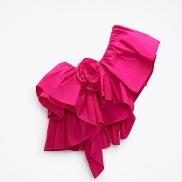 Zara Asymmetrical Pink Fushia One Shoulder Ruffle Top - Picture 3 of 7